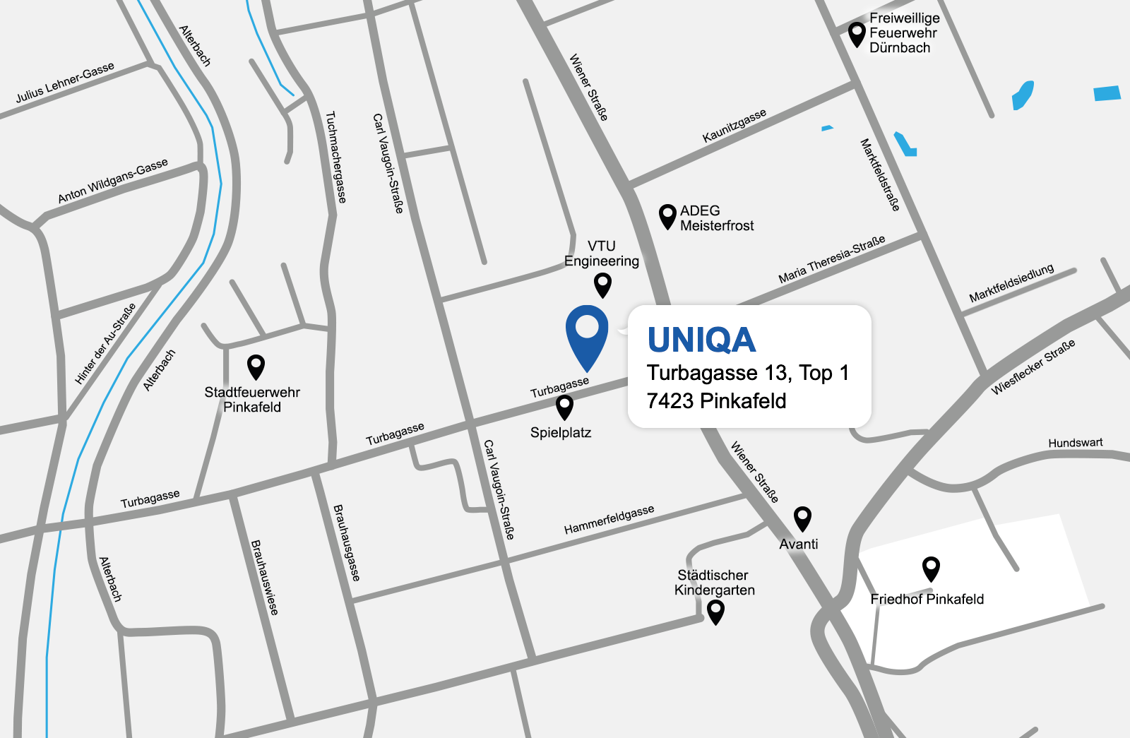 Eine detaillierte gezeichnete Karte der UNIQA Generalagentur Team Pinkafeld